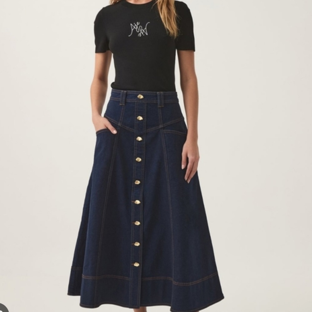 Aje Resonance Dark Denim Midi Skirt with Abstract Gold Buttons